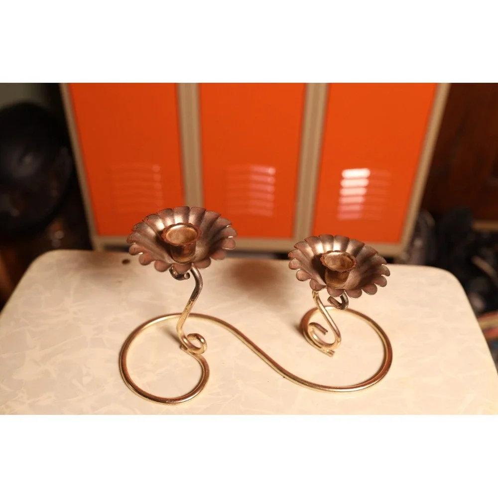 Vintage Gold Metal Double Flower Candlestick Holder MCM S-Curve Scalloped Cup‎